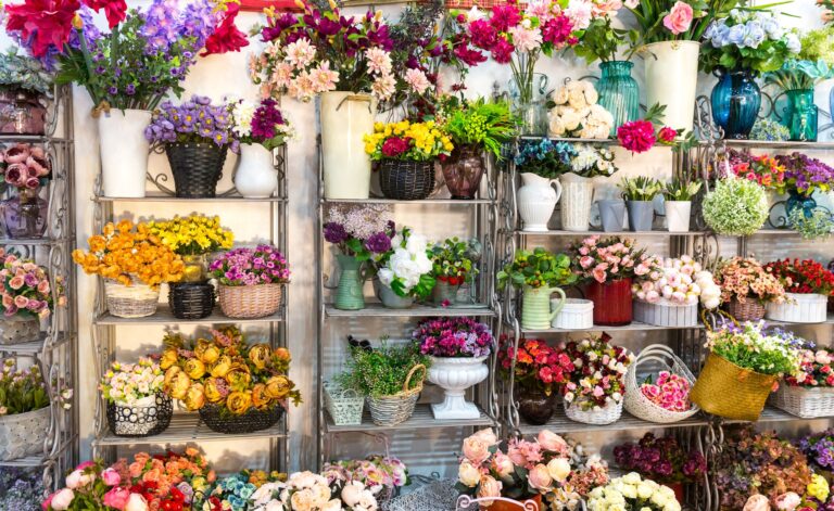 Flower shop, bouquets on shelf, florist business